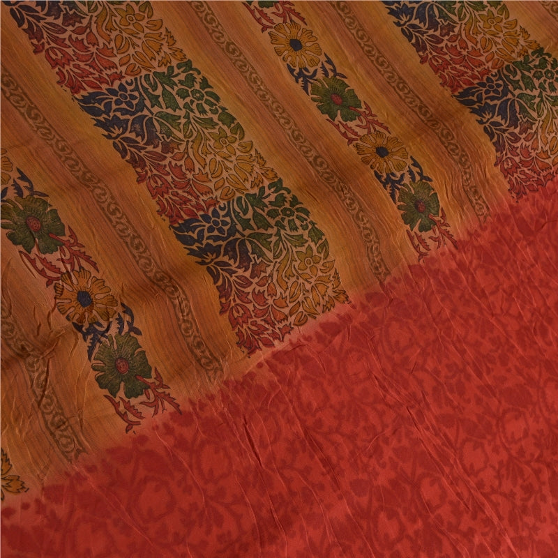 Sanskriti Vintage Sarees Red Indian Pure Crepe Silk Printed Sari Craft Sustainable Fabric