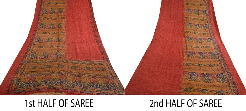 Sanskriti Vintage Sarees Red Indian Pure Crepe Silk Printed Sari Craft Sustainable Fabric