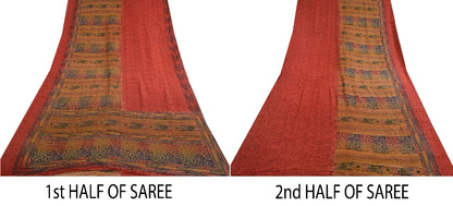 Sanskriti Vintage Sarees Red Indian Pure Crepe Silk Printed Sari Craft Sustainable Fabric