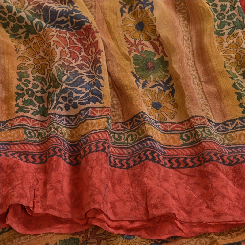 Sanskriti Vintage Sarees Red Indian Pure Crepe Silk Printed Sari Craft Sustainable Fabric