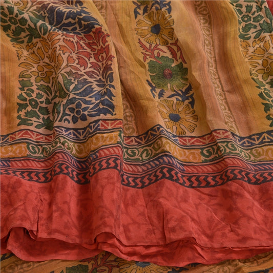 Sanskriti Vintage Sarees Red Indian Pure Crepe Silk Printed Sari Craft Sustainable Fabric