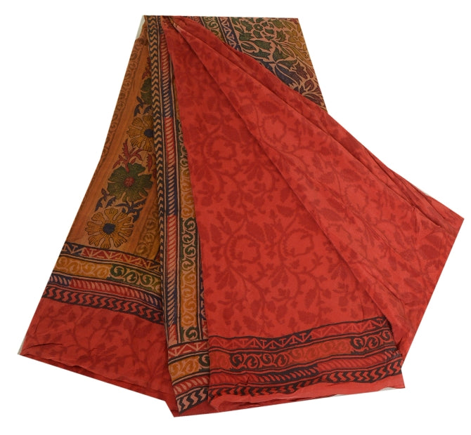 Sanskriti Vintage Sarees Red Indian Pure Crepe Silk Printed Sari Craft Sustainable Fabric