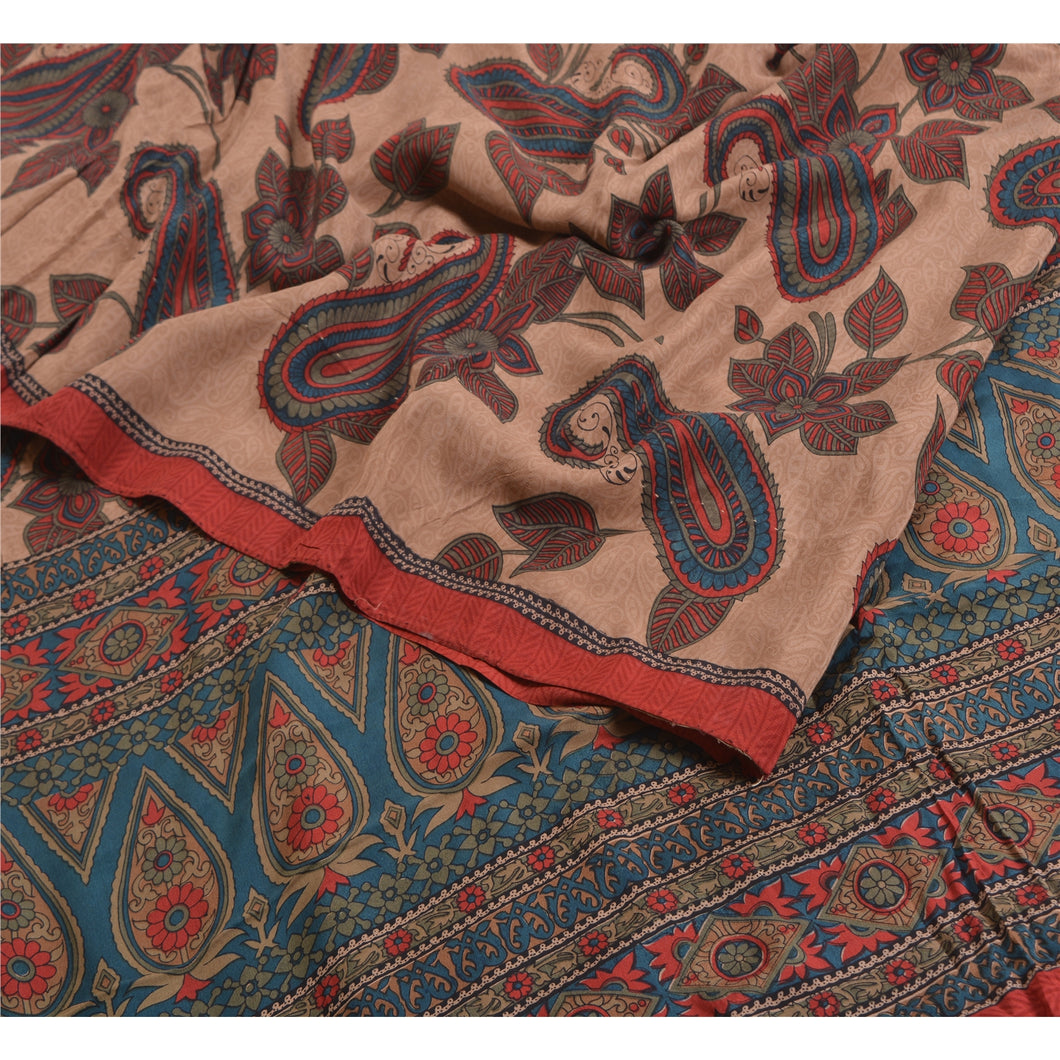 Sanskriti Vintage Sarees Light-Brown Pure Crepe Silk Printed Sari Craft Fabric