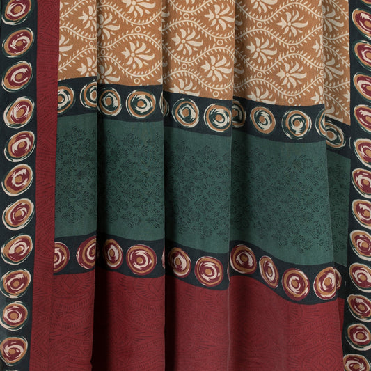 Sanskriti Vintage Saree Brown 100% Pure Crepe Silk Floral Print Sari 5+Yd Fabric