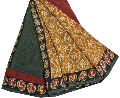 Sanskriti Vintage Saree Brown 100% Pure Crepe Silk Floral Print Sari 5+Yd Fabric