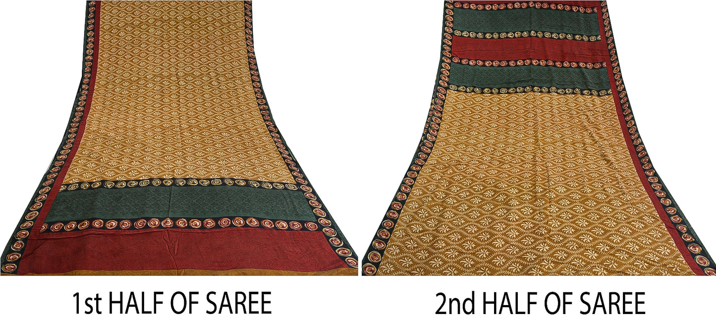Sanskriti Vintage Saree Brown 100% Pure Crepe Silk Floral Print Sari 5+Yd Fabric