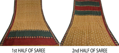 Sanskriti Vintage Saree Brown 100% Pure Crepe Silk Floral Print Sari 5+Yd Fabric