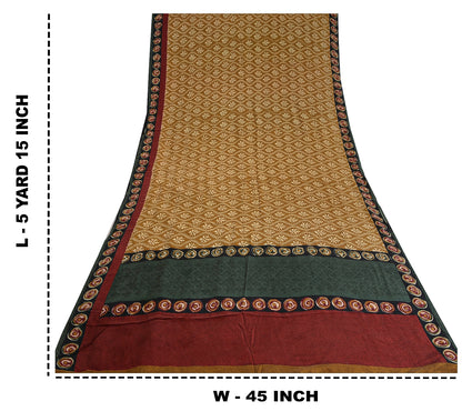 Sanskriti Vintage Saree Brown 100% Pure Crepe Silk Floral Print Sari 5+Yd Fabric