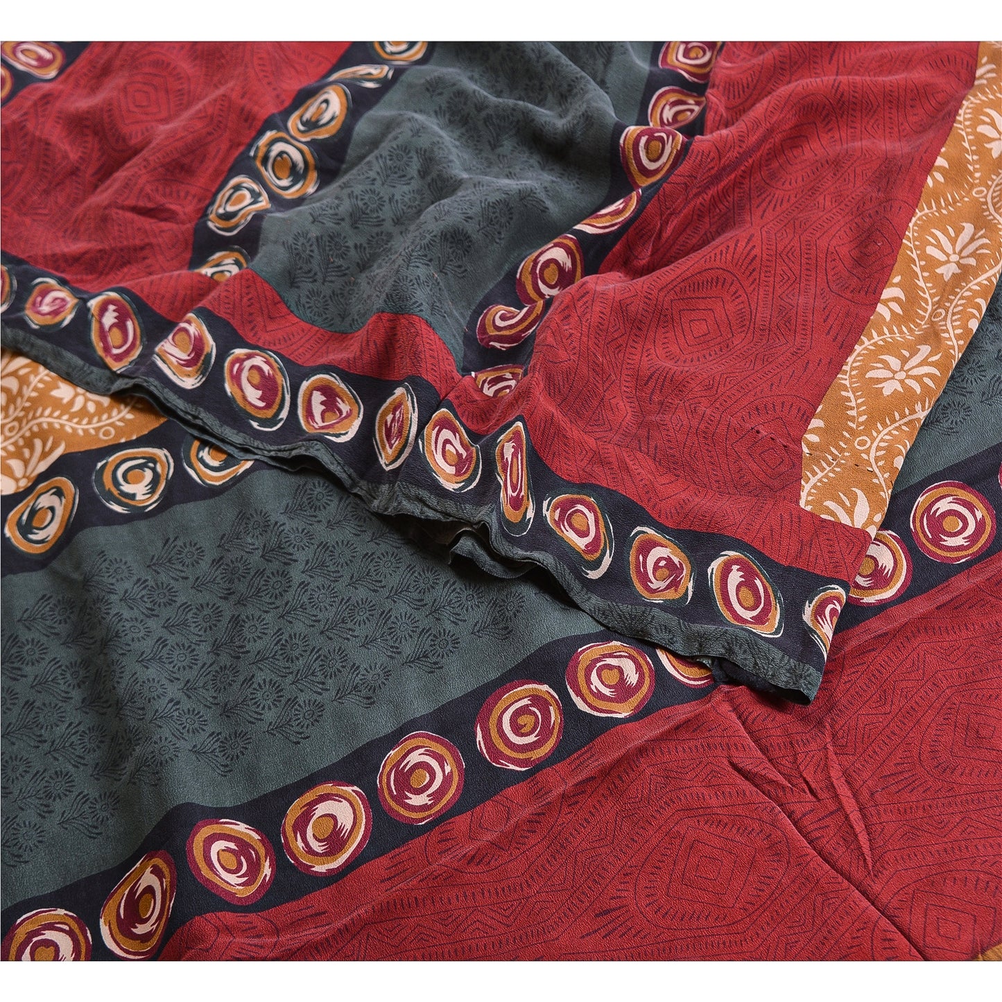 Sanskriti Vintage Saree Brown 100% Pure Crepe Silk Floral Print Sari 5+Yd Fabric