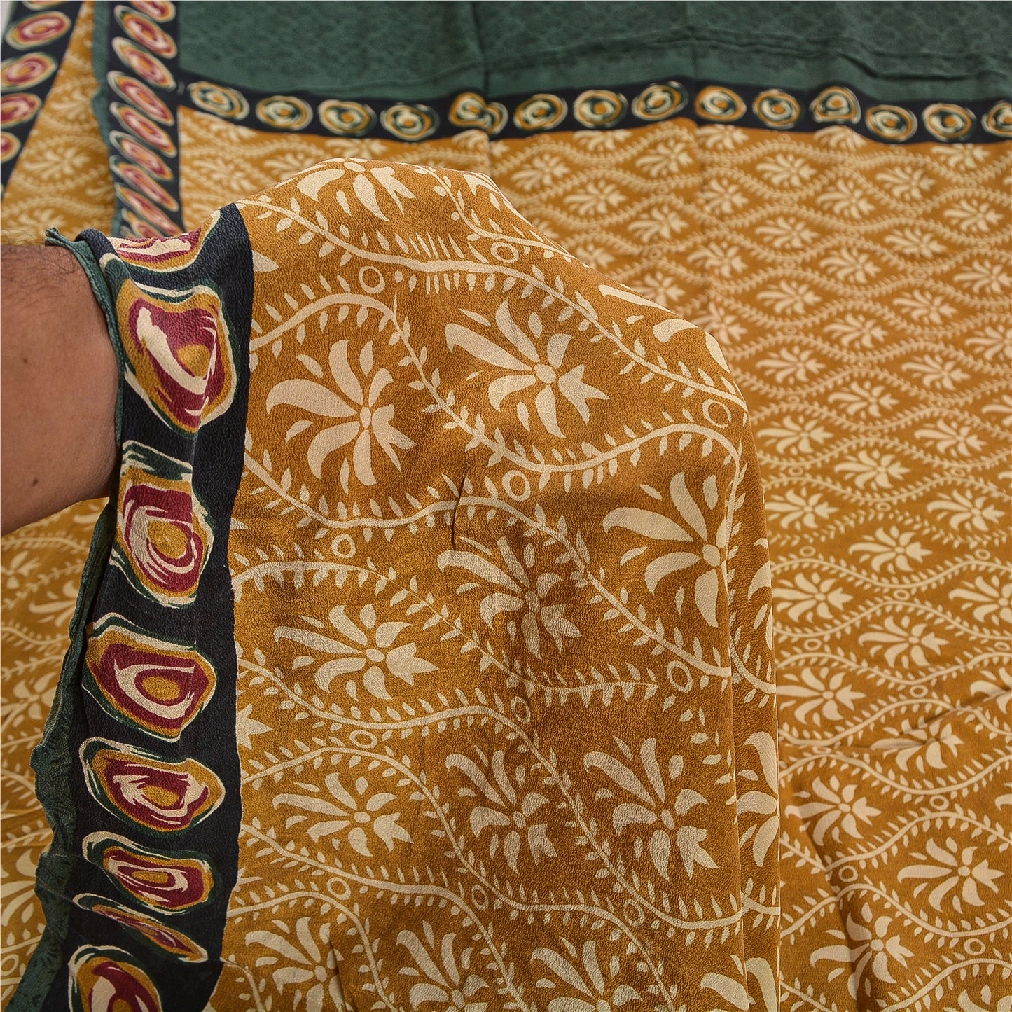 Sanskriti Vintage Saree Brown 100% Pure Crepe Silk Floral Print Sari 5+Yd Fabric