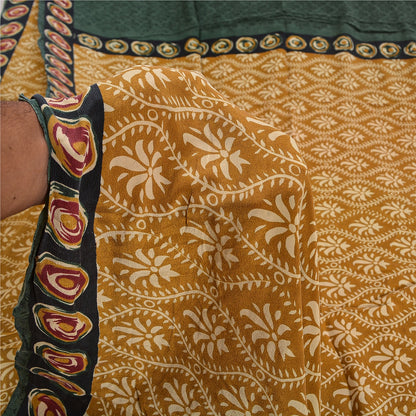 Sanskriti Vintage Saree Brown 100% Pure Crepe Silk Floral Print Sari 5+Yd Fabric