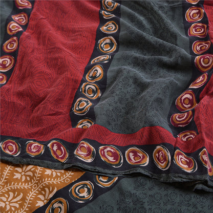 Sanskriti Vintage Saree Brown 100% Pure Crepe Silk Floral Print Sari 5+Yd Fabric