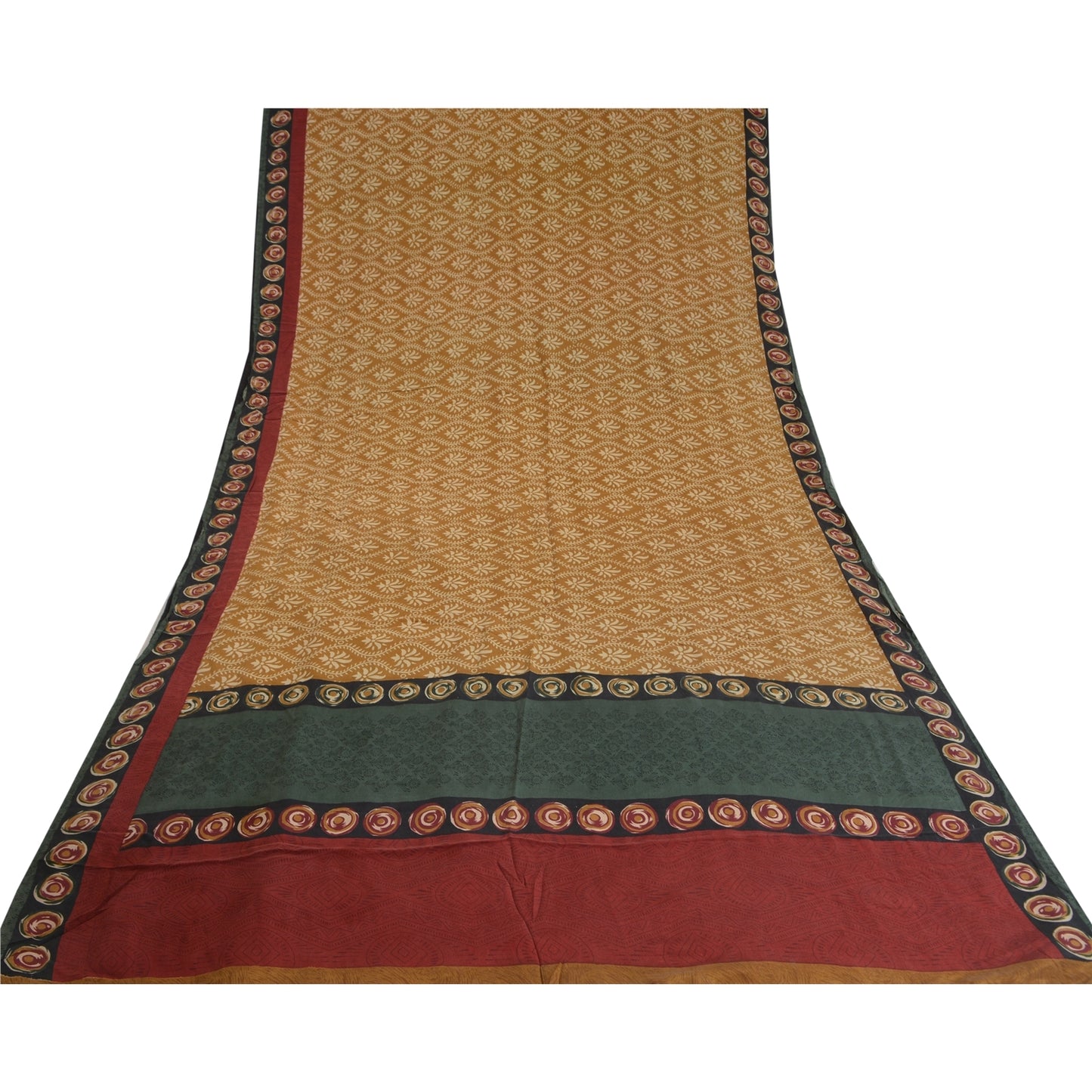 Sanskriti Vintage Saree Brown 100% Pure Crepe Silk Floral Print Sari 5+Yd Fabric