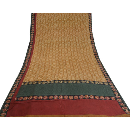 Sanskriti Vintage Saree Brown 100% Pure Crepe Silk Floral Print Sari 5+Yd Fabric