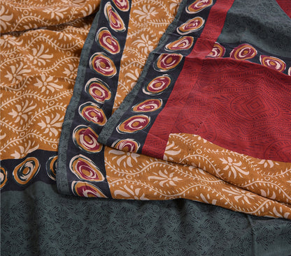 Sanskriti Vintage Saree Brown 100% Pure Crepe Silk Floral Print Sari 5+Yd Fabric