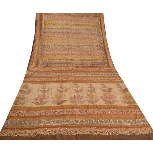 Sanskriti Vintage Saree Multicolor Pure Crepe Embroidered-Print Sari 5YD Fabric
