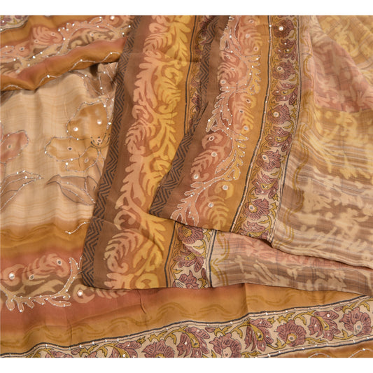 Sanskriti Vintage Saree Multicolor Pure Crepe Embroidered-Print Sari 5YD Fabric