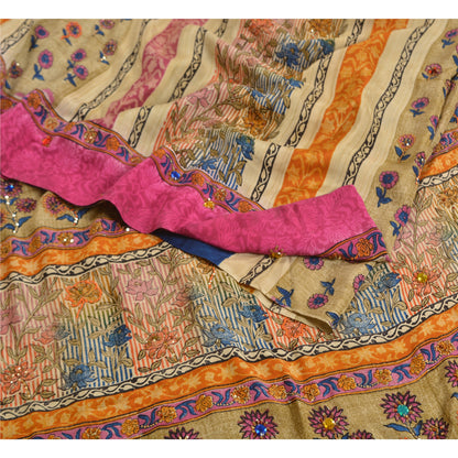 Sanskriti Vintage Sarees Hand Beaded Pure Crepe Silk Printed Sari Craft Fabric