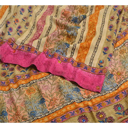 Sanskriti Vintage Sarees Hand Beaded Pure Crepe Silk Printed Sari Craft Fabric