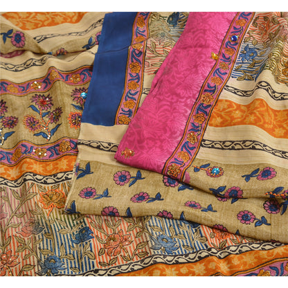 Sanskriti Vintage Sarees Hand Beaded Pure Crepe Silk Printed Sari Craft Fabric