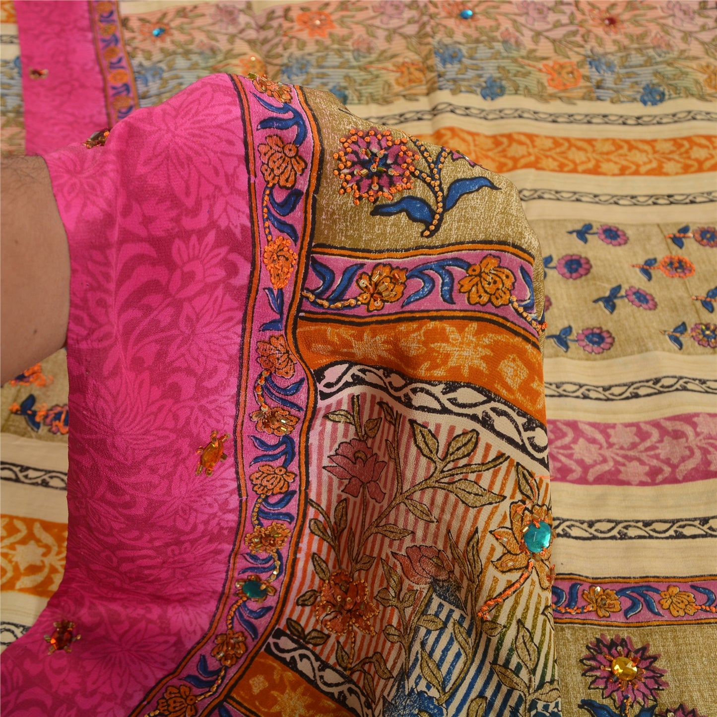 Sanskriti Vintage Sarees Hand Beaded Pure Crepe Silk Printed Sari Craft Fabric