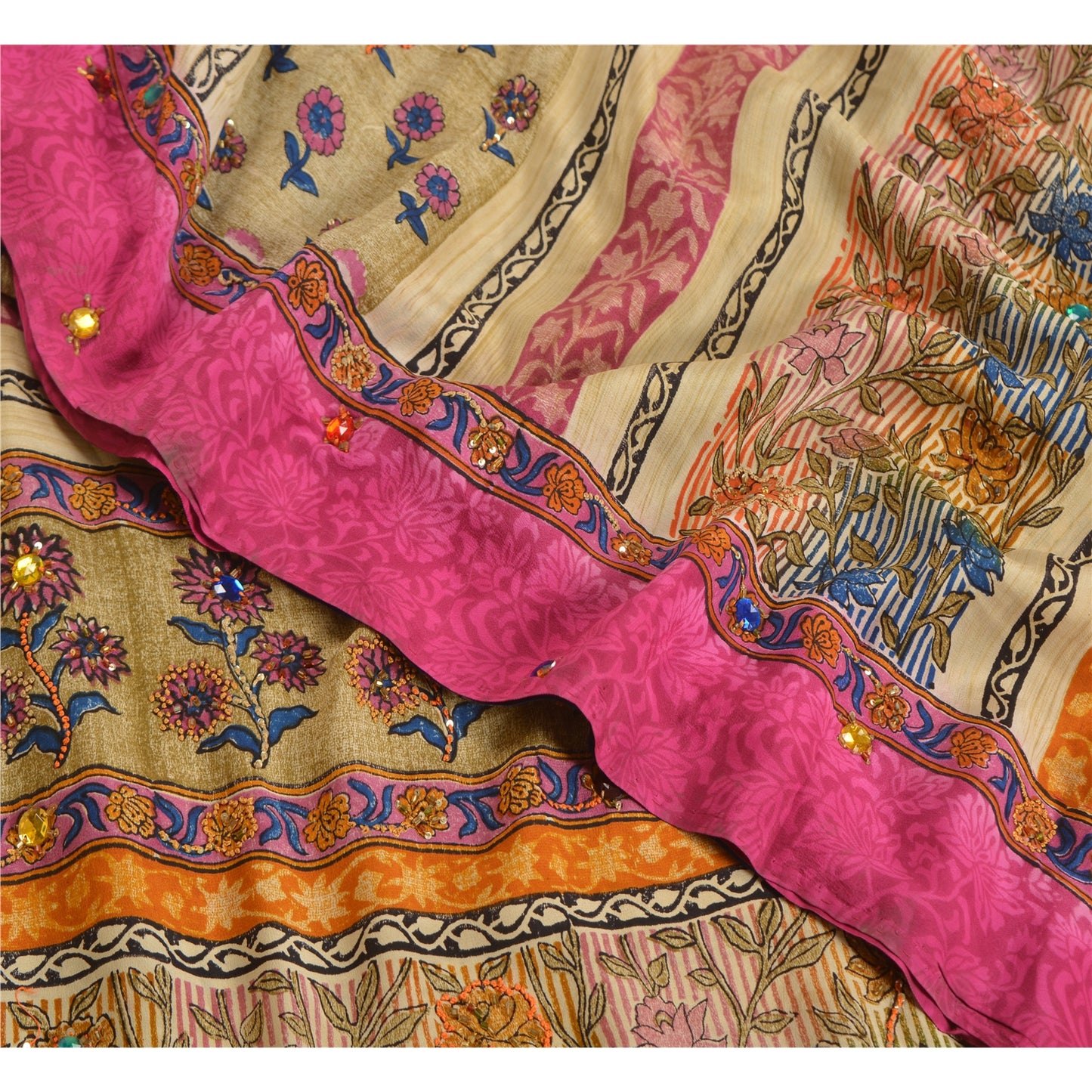 Sanskriti Vintage Sarees Hand Beaded Pure Crepe Silk Printed Sari Craft Fabric