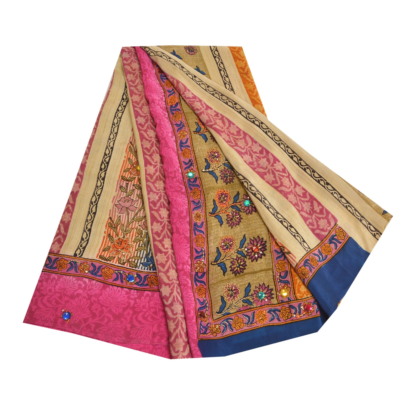 Sanskriti Vintage Sarees Hand Beaded Pure Crepe Silk Printed Sari Craft Fabric