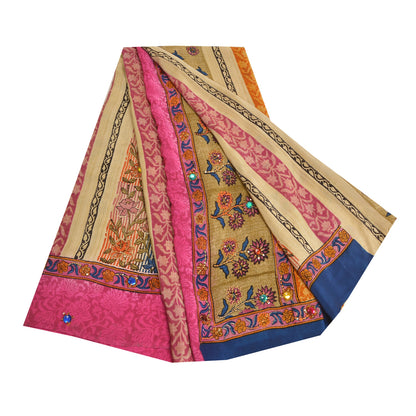 Sanskriti Vintage Sarees Hand Beaded Pure Crepe Silk Printed Sari Craft Fabric