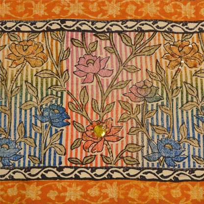 Sanskriti Vintage Sarees Hand Beaded Pure Crepe Silk Printed Sari Craft Fabric