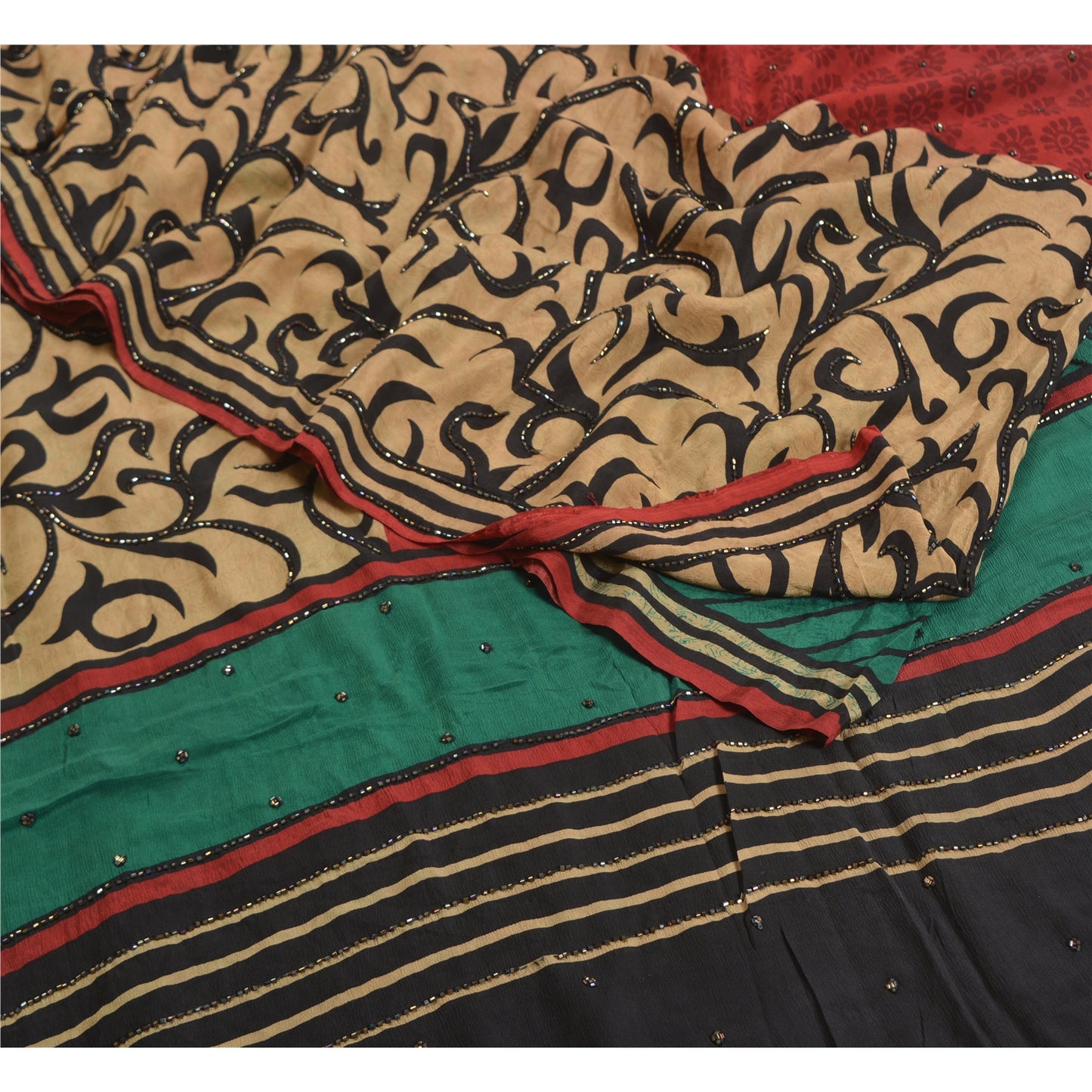 Sanskriti Vintage Sarees Hand Beaded Pure Crepe Silk Printed Sari Craft Sustainable Fabric