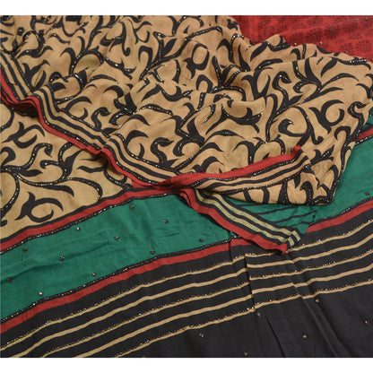 Sanskriti Vintage Sarees Hand Beaded Pure Crepe Silk Printed Sari Craft Sustainable Fabric