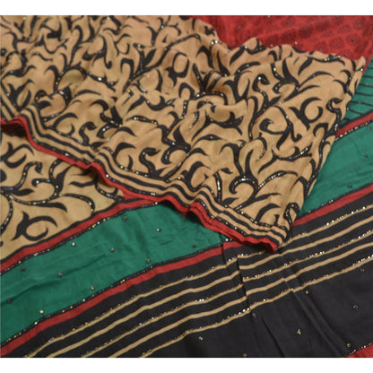 Sanskriti Vintage Sarees Hand Beaded Pure Crepe Silk Printed Sari Craft Sustainable Fabric