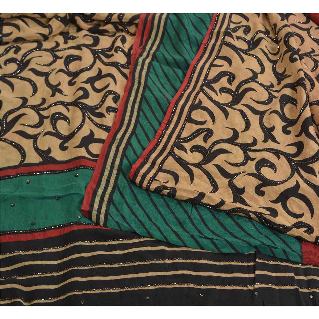 Sanskriti Vintage Sarees Hand Beaded Pure Crepe Silk Printed Sari Craft Fabric