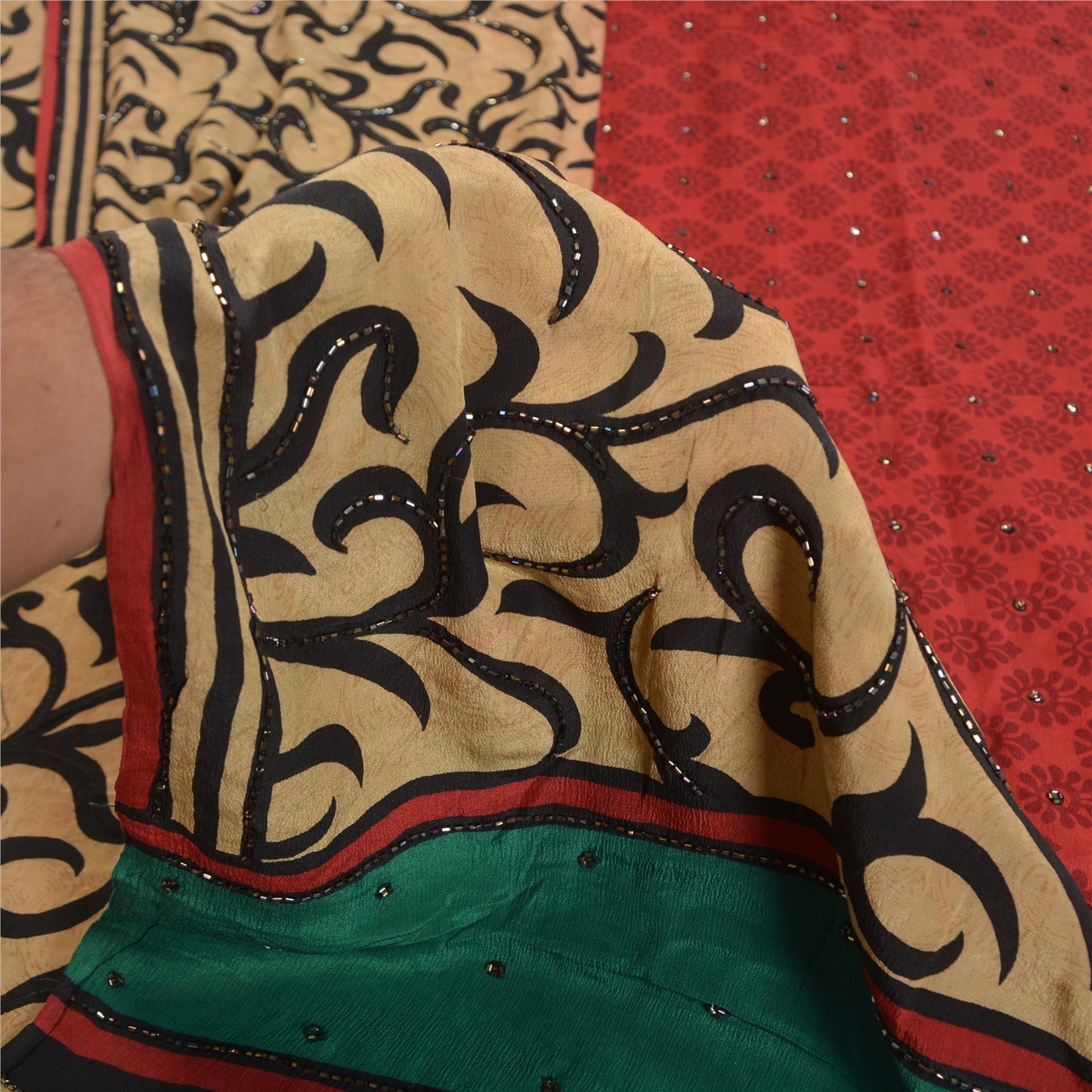 Sanskriti Vintage Sarees Hand Beaded Pure Crepe Silk Printed Sari Craft Sustainable Fabric