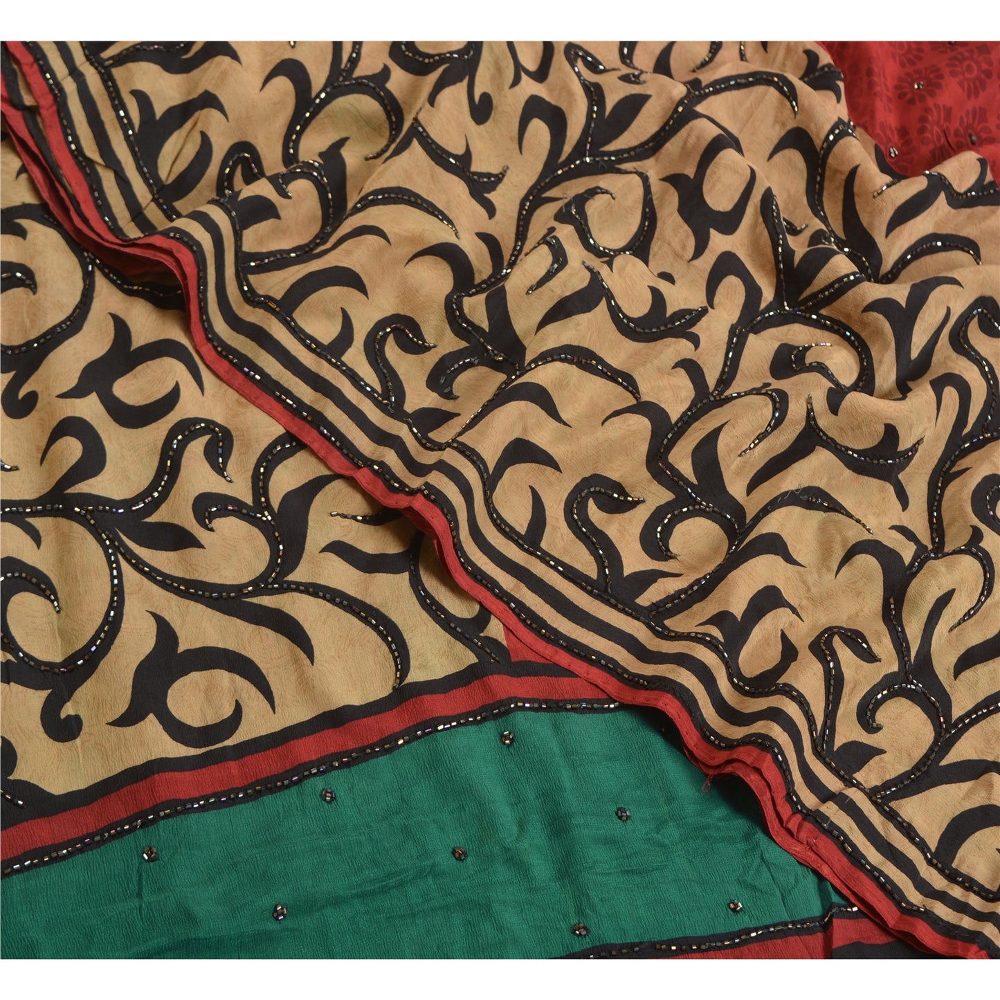 Sanskriti Vintage Sarees Hand Beaded Pure Crepe Silk Printed Sari Craft Sustainable Fabric