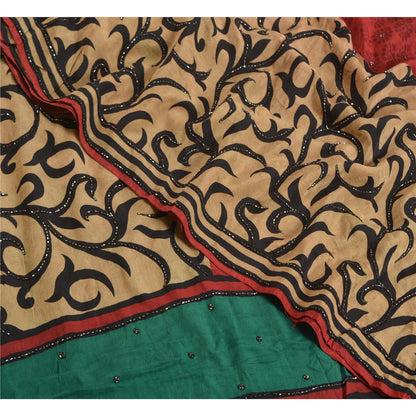 Sanskriti Vintage Sarees Hand Beaded Pure Crepe Silk Printed Sari Craft Sustainable Fabric