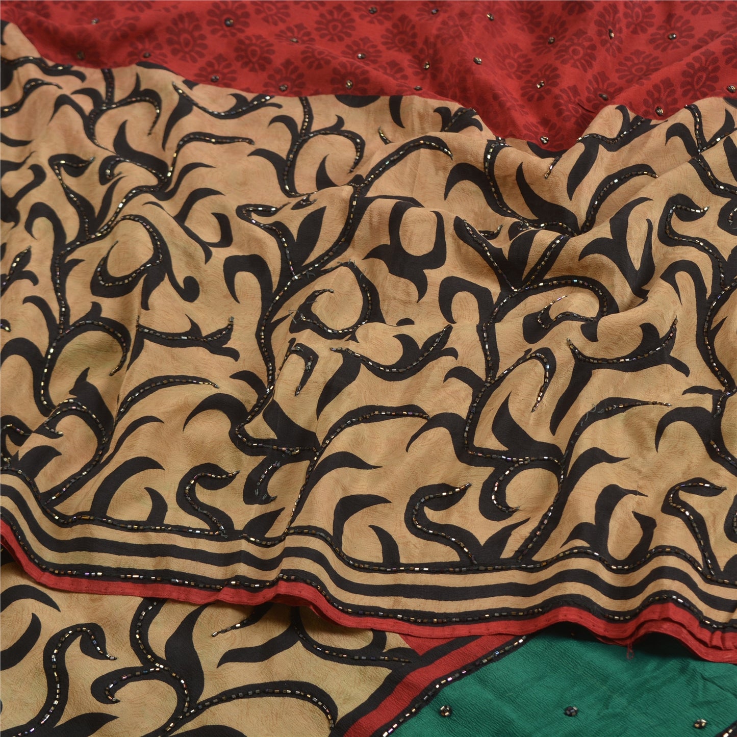 Sanskriti Vintage Sarees Hand Beaded Pure Crepe Silk Printed Sari Craft Sustainable Fabric