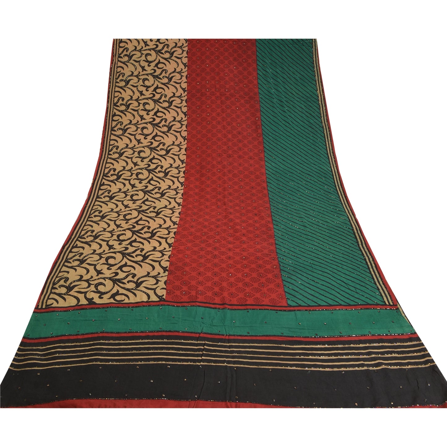 Sanskriti Vintage Sarees Hand Beaded Pure Crepe Silk Printed Sari Craft Sustainable Fabric