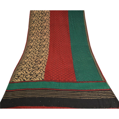 Sanskriti Vintage Sarees Hand Beaded Pure Crepe Silk Printed Sari Craft Sustainable Fabric