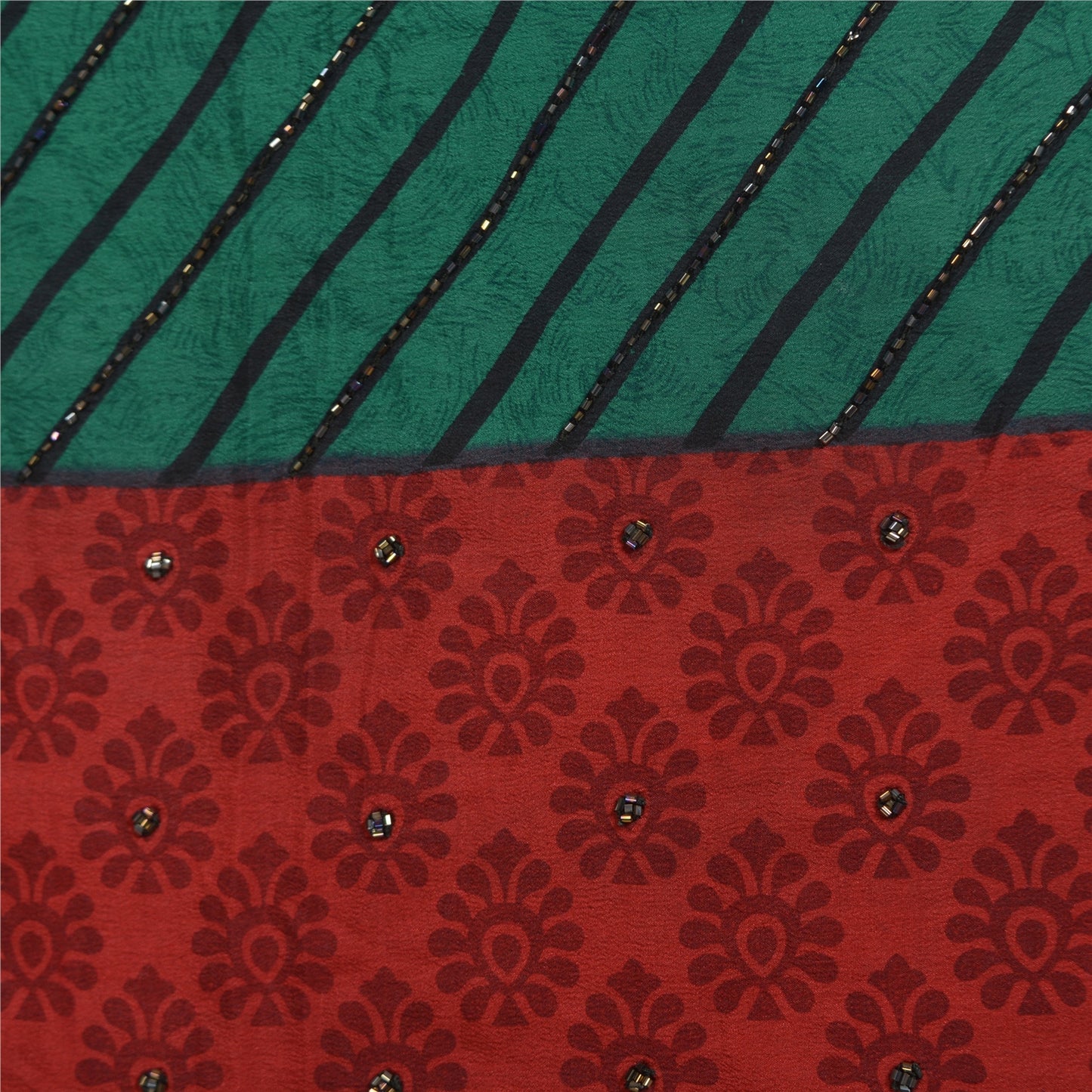 Sanskriti Vintage Sarees Hand Beaded Pure Crepe Silk Printed Sari Craft Sustainable Fabric