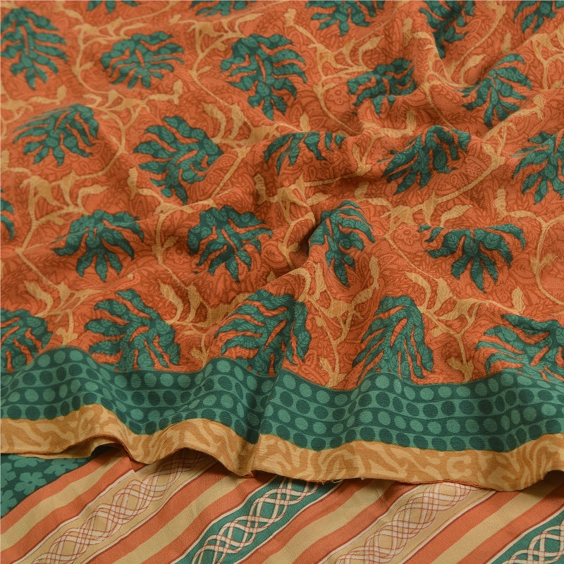 Sanskriti Vintage Sarees Peach/Green Pure Crepe Silk Printed Sari Craft Sustainable Fabric