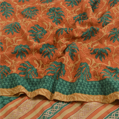 Sanskriti Vintage Sarees Peach/Green Pure Crepe Silk Printed Sari Craft Sustainable Fabric
