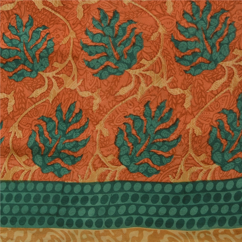Sanskriti Vintage Sarees Peach/Green Pure Crepe Silk Printed Sari Craft Sustainable Fabric