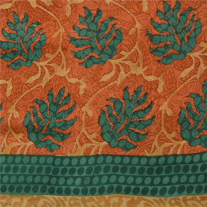 Sanskriti Vintage Sarees Peach/Green Pure Crepe Silk Printed Sari Craft Sustainable Fabric