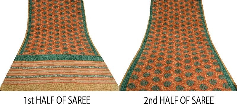 Sanskriti Vintage Sarees Peach/Green Pure Crepe Silk Printed Sari Craft Sustainable Fabric