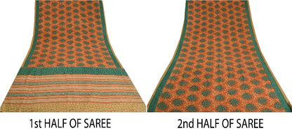 Sanskriti Vintage Sarees Peach/Green Pure Crepe Silk Printed Sari Craft Sustainable Fabric