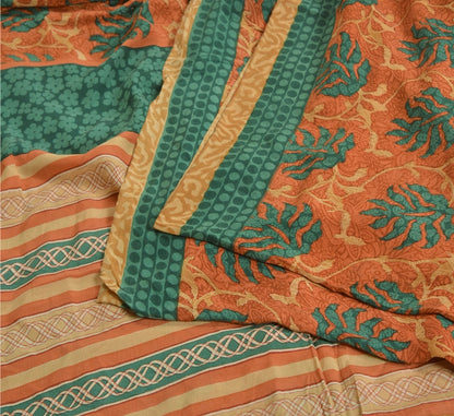Sanskriti Vintage Sarees Peach/Green Pure Crepe Silk Printed Sari Craft Sustainable Fabric