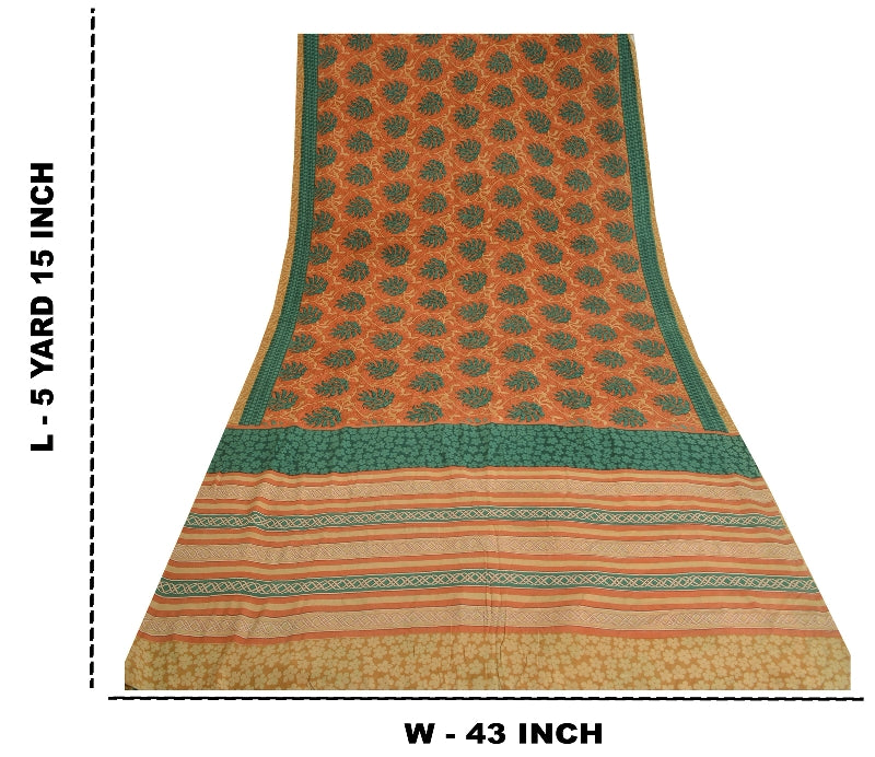 Sanskriti Vintage Sarees Peach/Green Pure Crepe Silk Printed Sari Craft Sustainable Fabric