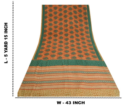 Sanskriti Vintage Sarees Peach/Green Pure Crepe Silk Printed Sari Craft Sustainable Fabric