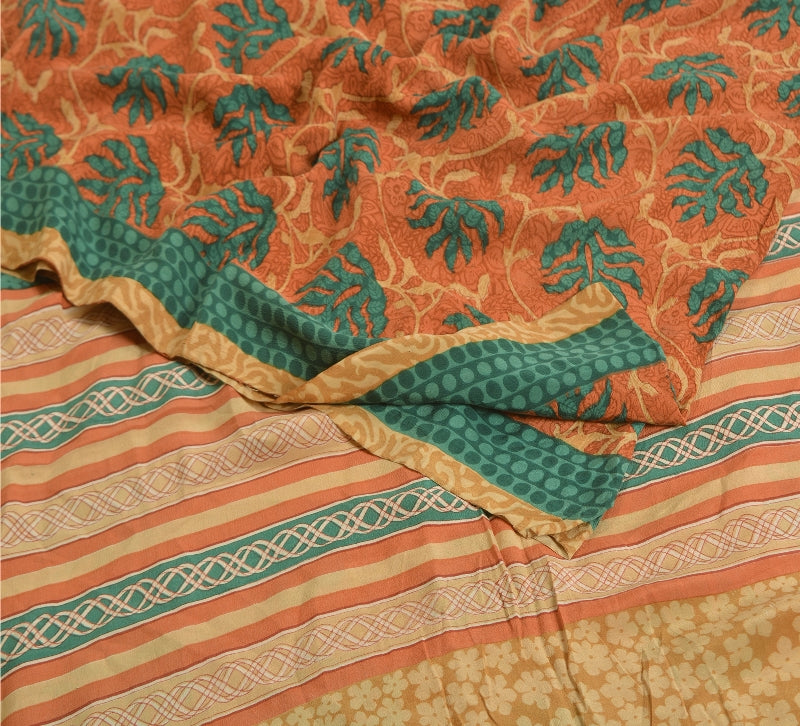 Sanskriti Vintage Sarees Peach/Green Pure Crepe Silk Printed Sari Craft Sustainable Fabric